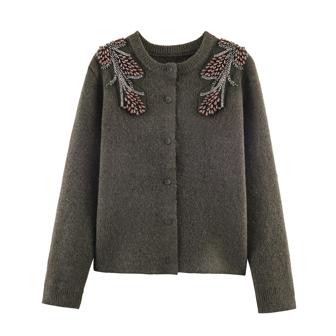 Damen Kurze Bouclé-Strickjacke mit Perlen- und Perlenapplikation an den Schultern Drune