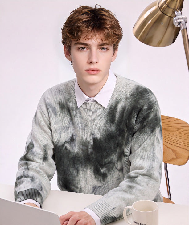 Herren Oversize-Strickpullover mit Batikoptik, Rundhalsausschnitt und Rippbündchen Drune