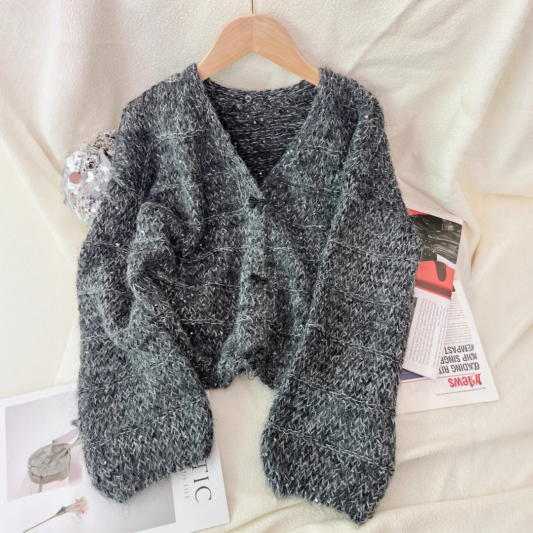 Damen luftige Strickjacke mit ballonärmel und zarten Knopfdetails Drune