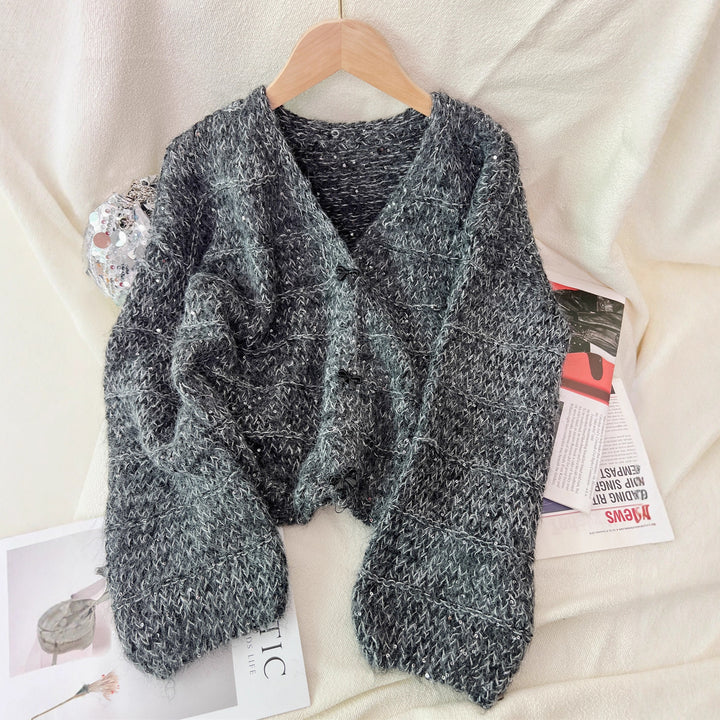 Damen luftige Strickjacke mit ballonärmel und zarten Knopfdetails Drune