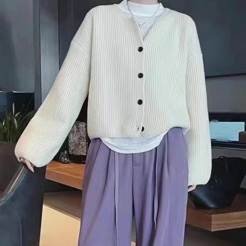 Damen lässige Strickjacke mit vorne offenen Knöpfen und ballonförmigen Ärmeln Drune