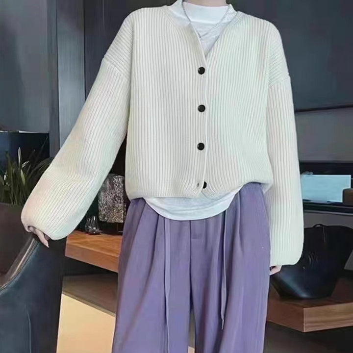 Damen lässige Strickjacke mit vorne offenen Knöpfen und ballonförmigen Ärmeln Drune