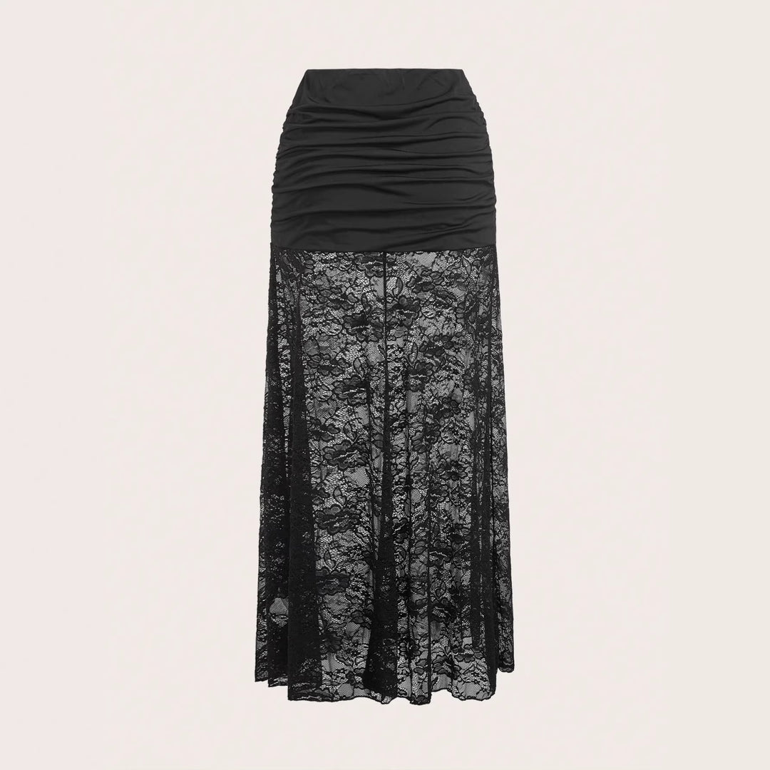 Damen nan Maxirock mit gerafftem Mini-Innenslip und floralem Spitzen-Überwurf Drune