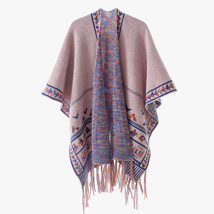 Damen Grobstrick-Poncho mit eingewebter Ethno‑Bordüre und Fransen Drune