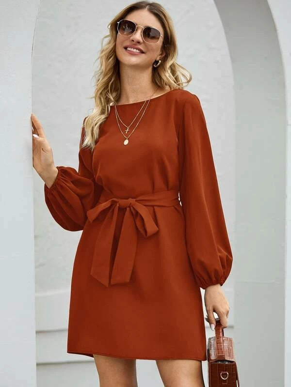Damen nan elegantes Etuikleid mit Ballonärmeln und Taillengürtel Drune