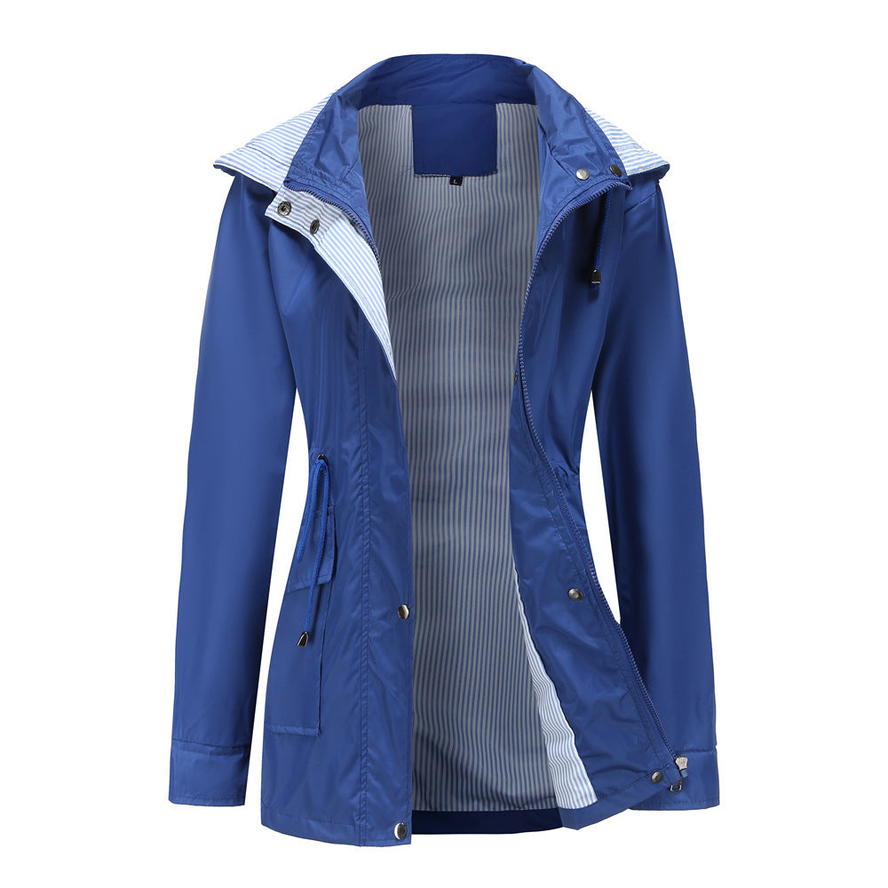 Damen Wetterfeste Regenjacke mit verstellbarem Kapuzenkragen und Taillenzug Drune