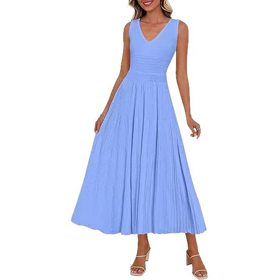 Damen Plisseekleid mit V-Ausschnitt und weitem Saum Drune