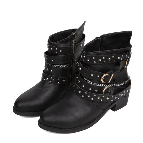 Damen Stiefeletten mit modischen Schnallen und dekorativen Nieten Drune