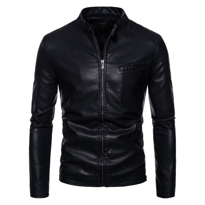 Herren Schmale Kunstleder-Bikerjacke mit Stehkragen, Innenfutter aus Kunstfell und Reißverschlusstaschen Drune