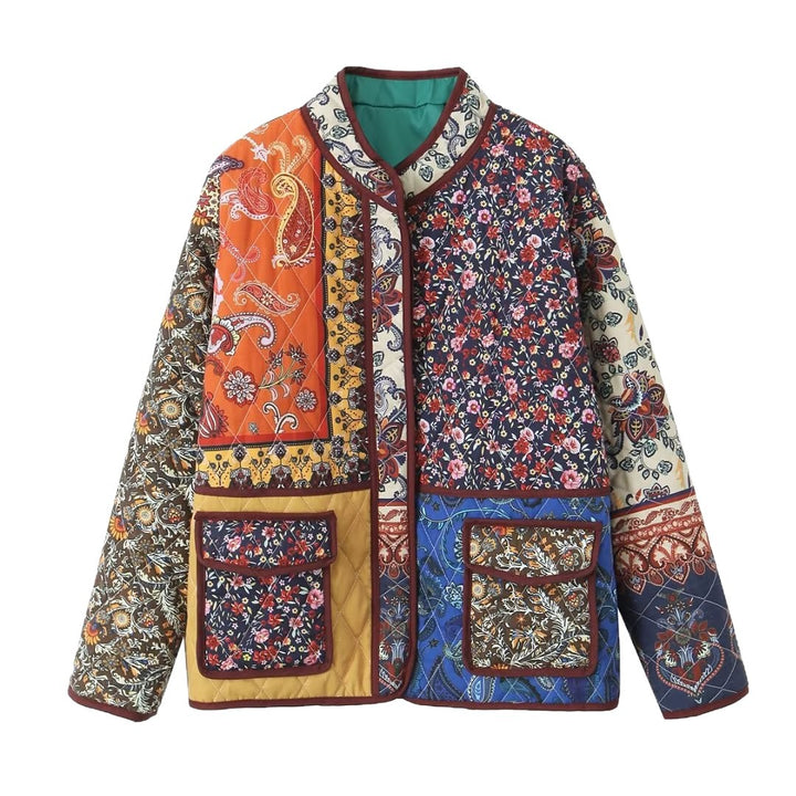 Damen Oversize Patchwork-Steppjacke mit Stehkragen und aufgesetzten Taschen Drune