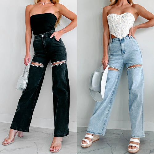 Drune | Lässige Nieten Ripped Straight Leg Damen Jeans