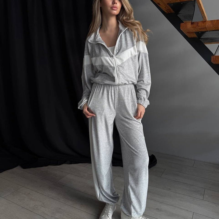 Damen Fleece-Loungewear-Anzug mit hohem Kragen und Reißverschluss Drune