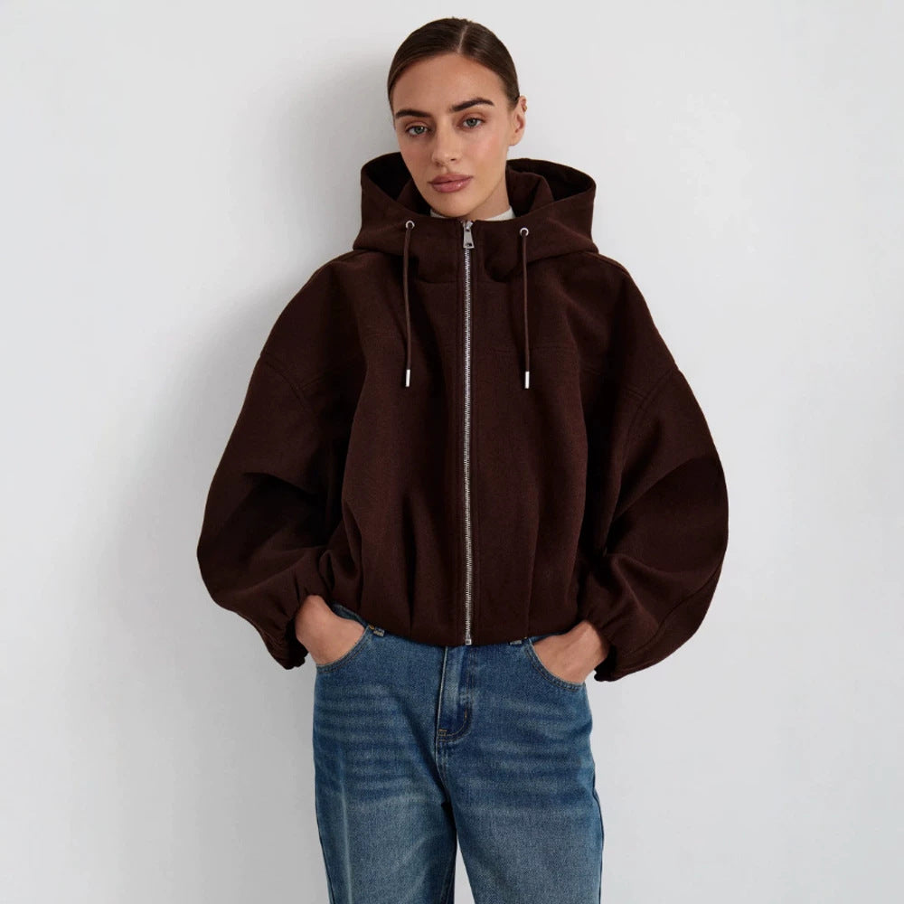 Damen Kurzjacke aus Wollmix mit Kapuze, kastiger Boxy‑Silhouette & gerafftem Saum Drune