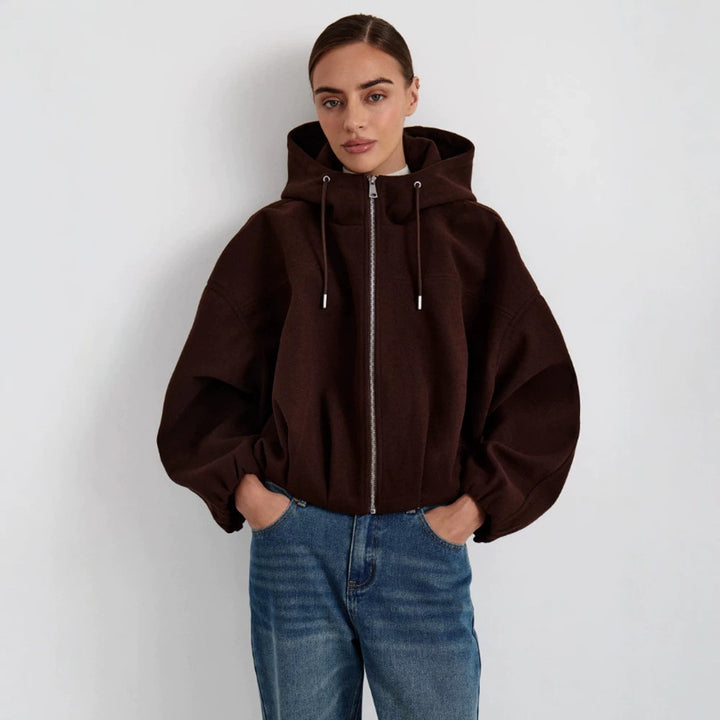Damen Kurzjacke aus Wollmix mit Kapuze, kastiger Boxy‑Silhouette & gerafftem Saum Drune