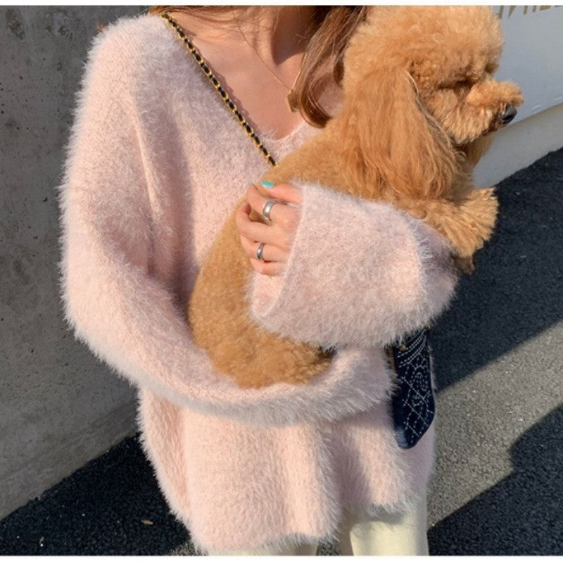 Damen flauschiger Pullover mit tiefem V-Ausschnitt und weiten Ärmeln Drune