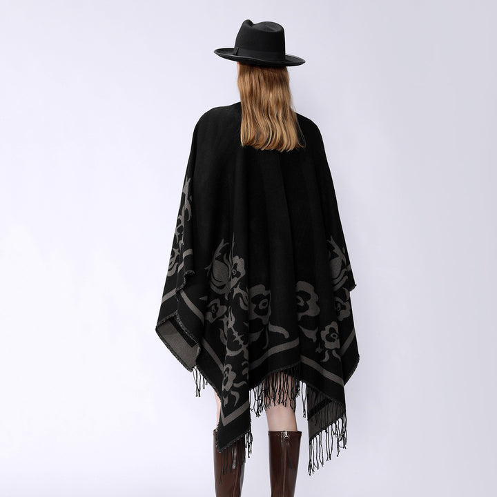 Damen Umhangponcho mit floralen Jacquard-Panels und Fransensaum Drune