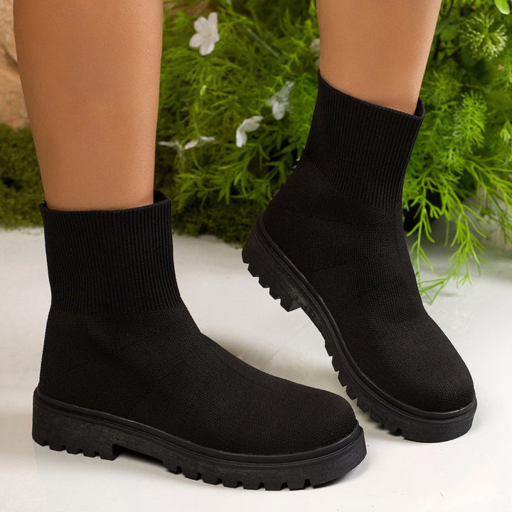 Damen nan gestrickte Sock-Stiefelette mit elastischem Rippbund stoßdämpfender Leichtsohle und robustem Traktorprofil Drune