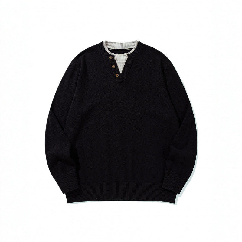 Unisex Strickpullover mit Henley-Knopfleiste, Kontrastkragen und Boxy‑Schnitt Drune