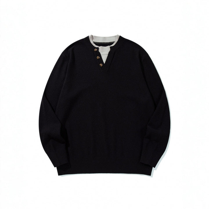 Unisex Strickpullover mit Henley-Knopfleiste, Kontrastkragen und Boxy‑Schnitt Drune