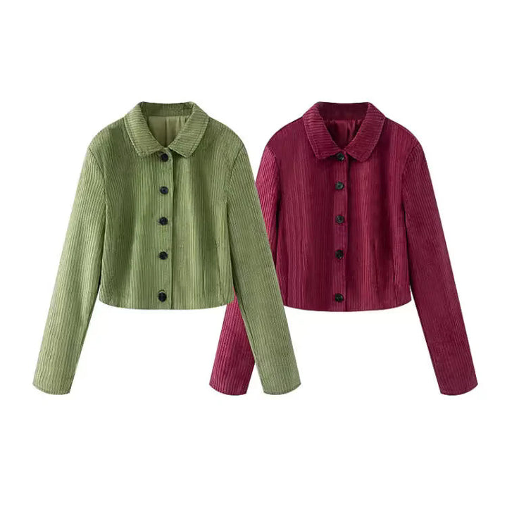 Damen nan kurze Cordjacke mit Hemdkragen, taillenlanger Boxy-Schnitt und durchgängiger Knopfleiste Drune