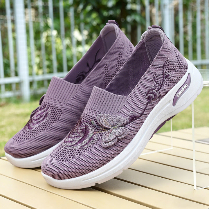 Damen nan gestrickter Slip-On Slipper mit 3D-Blumenstickerei und ergonomischer Komfort-Zwischensohle Drune
