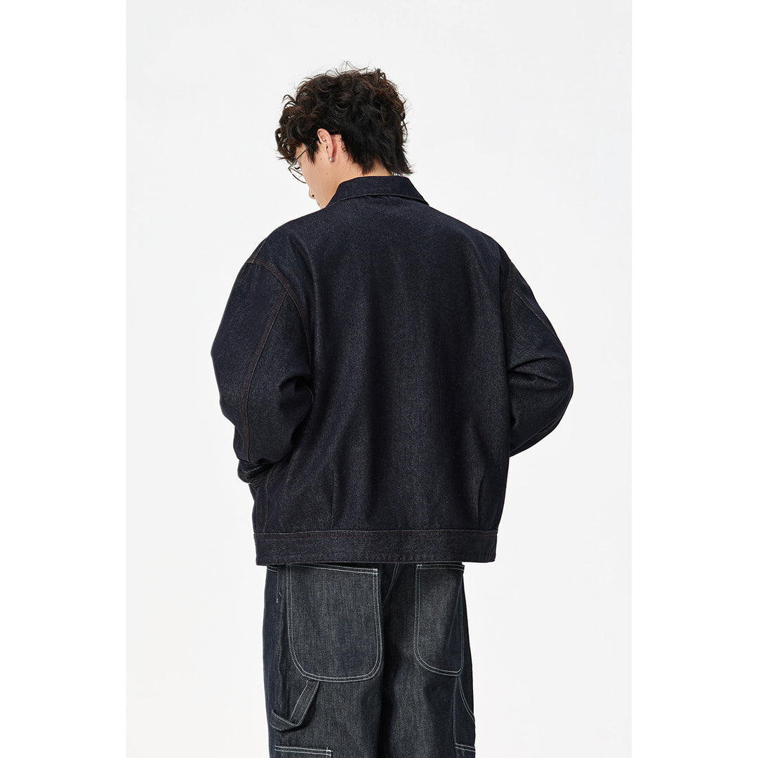 Herren Locker geschnittene Denim-Worker-Jacke mit verdecktem Reißverschluss und schräger Brusttasche Drune