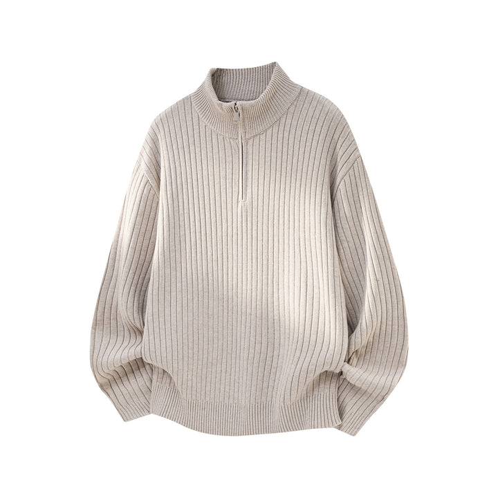 Unisex Weit geschnittener Rippenstrick-Pullover mit halbem Reißverschluss und Stehkragen Drune