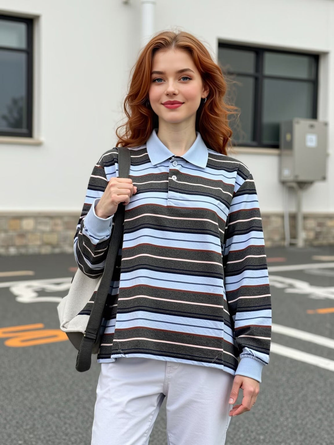 Damen Gestreiftes Poloshirt‑Sweatshirt aus Baumwollmix mit Kontrastkragen und gerippten Bündchen Drune