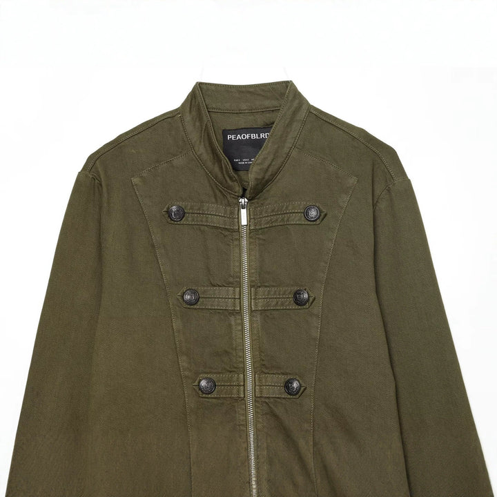 Damen Cropped Military‑Jacke mit Stehkragen, Zierknöpfen und Reißverschluss Drune