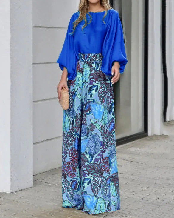 Damen Zweiteiler-Set aus Bluse mit Ballonärmeln und High-Waist Palazzo-Hose Drune