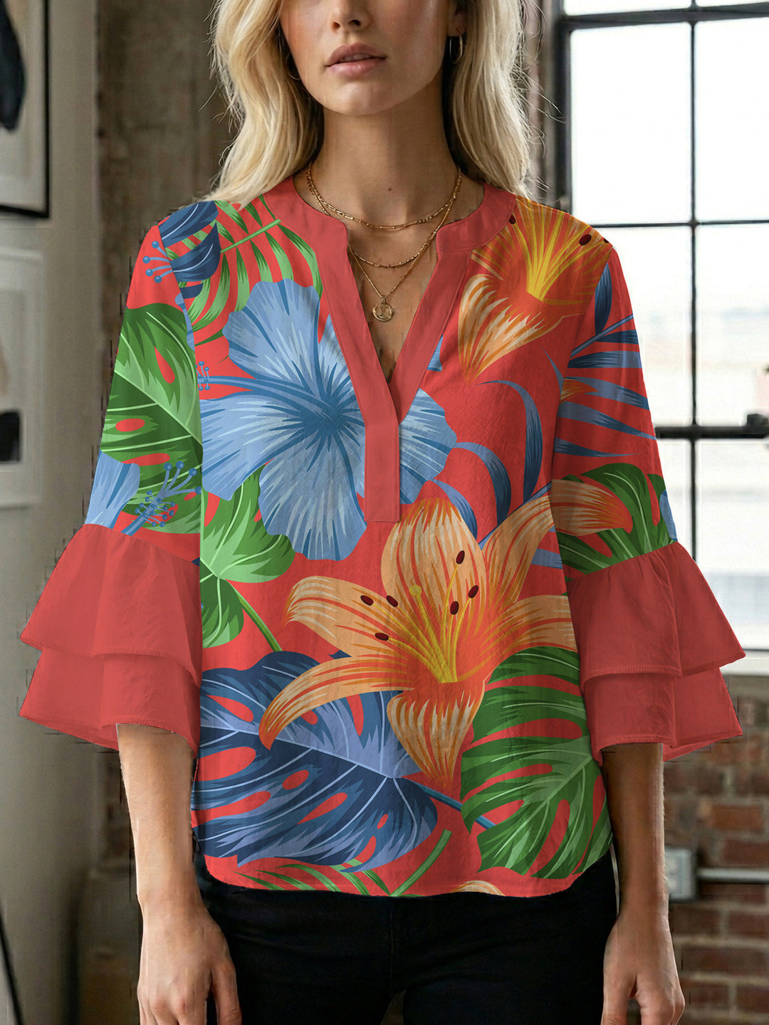 Damen elegantes Oberteil mit voluminösen Rüschensäumen und floralem Design Drune