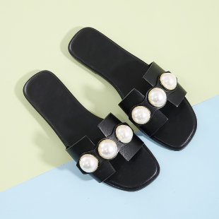 Damen nan flache Pantolette mit großen Zierperlen und goldumrandeten Applikationen gepolstertes Komfortfußbett Drune