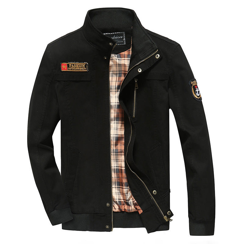 Herren Canvas-Bomberjacke mit kariertem Innenfutter, Stehkragen und Abzeichenapplikationen Drune