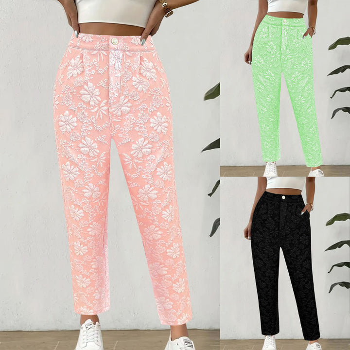 Damen Hochtaillierte Bundfalten‑Hose mit floralem Jacquard und geradem Bein Drune