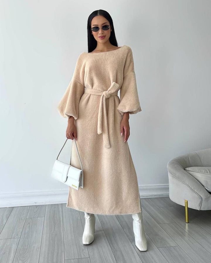 Damen Kuschel-Midikleid mit Bindegürtel und Ballonärmeln Drune