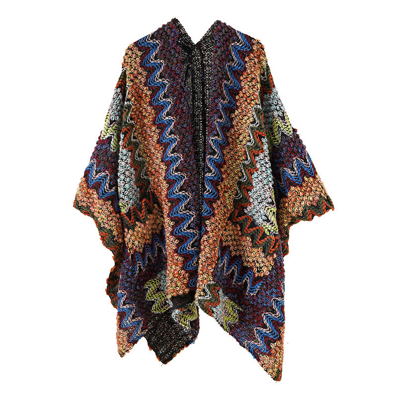 Damen Grobgestrickter Ethno-Ruana-Poncho mit Zickzack‑Jacquard und offenem Fall Drune