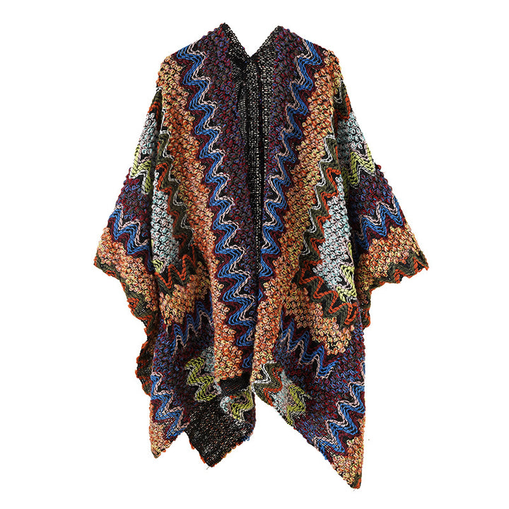 Damen Grobgestrickter Ethno-Ruana-Poncho mit Zickzack‑Jacquard und offenem Fall Drune