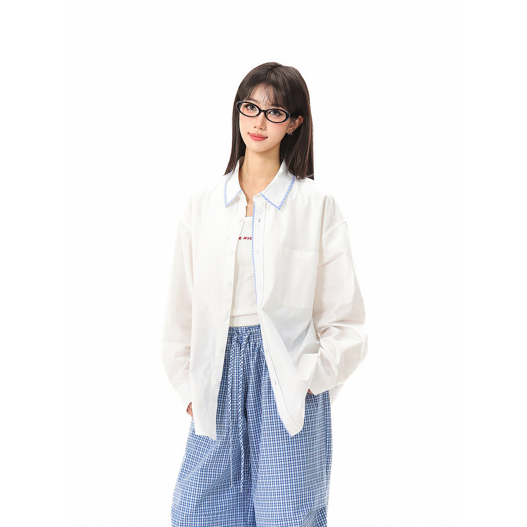 Damen Oversize-Hemdbluse mit kontrastierter Kragenpaspel und Brusttasche Drune