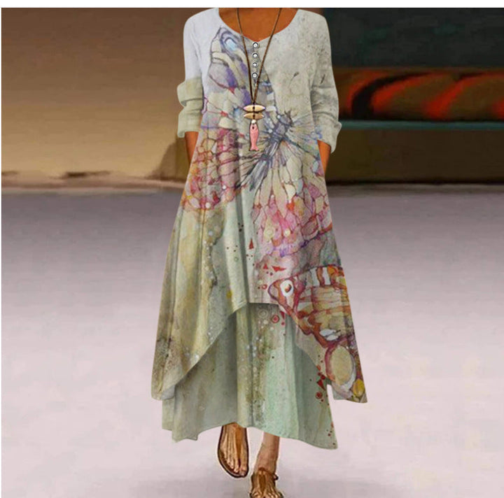 Damen Fließendes Maxikleid mit kunstvollem Blumendruck und asymmetrischem Saum Drune