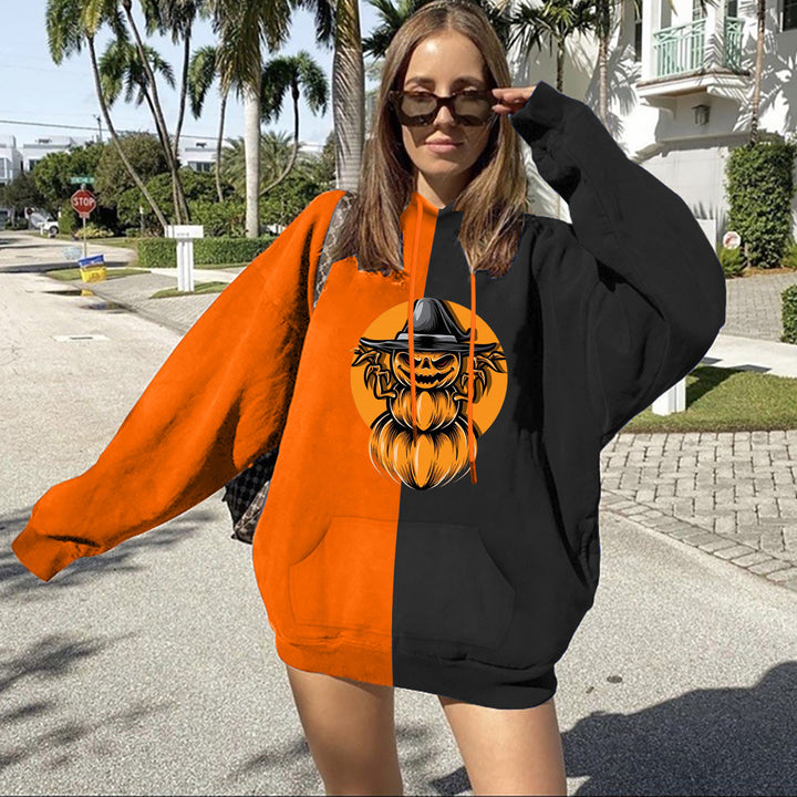 Damen nan Oversize Kapuzenpullover mit Halloween Kürbisdruck und Kängurutasche Drune