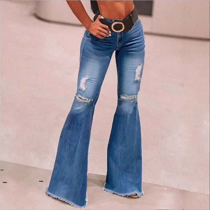 Damen hochgeschnittene Schlaghose aus Stretch-Denim mit ausgestelltem Bein, Knie-Rips und ausgefranstem Saum Drune
