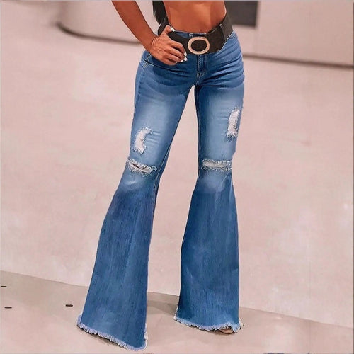 Damen hochgeschnittene Schlaghose aus Stretch-Denim mit ausgestelltem Bein, Knie-Rips und ausgefranstem Saum Drune