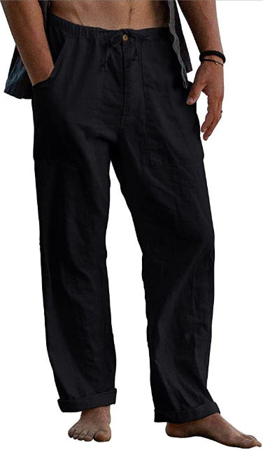 Herren lockere Leinenhose mit Gummibund und aufgesetzten Seitentaschen Drune