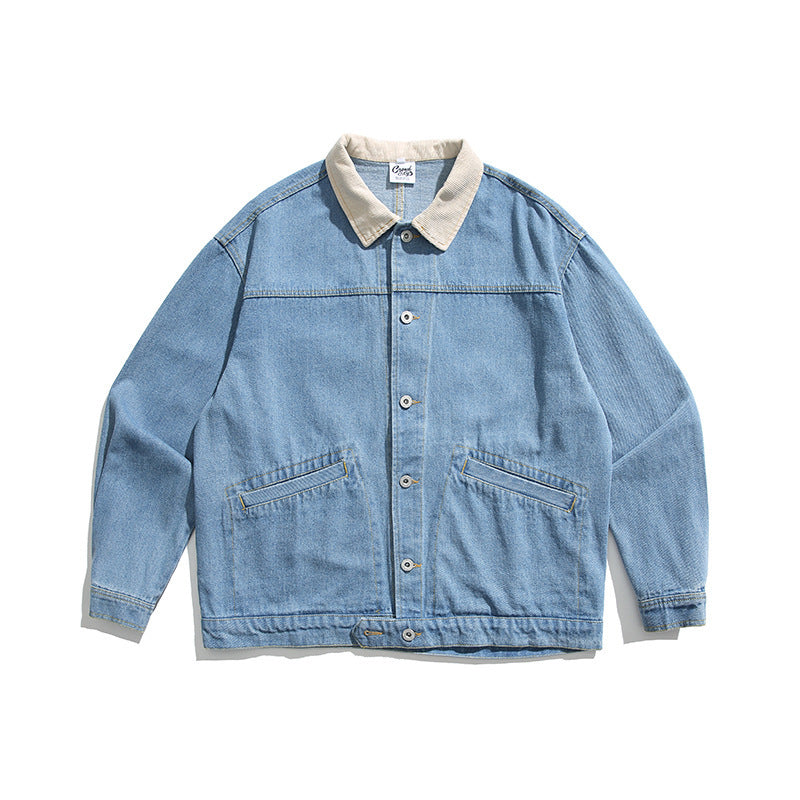 Unisex Boxy-Jeansjacke mit Cordkragen, Druckknopfleiste und Eingrifftaschen Drune
