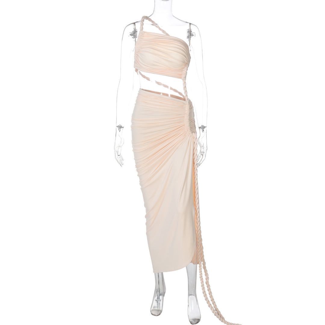 Damen Elegantes, einseitiges Maxikleid mit raffinierten Drapierungen Drune