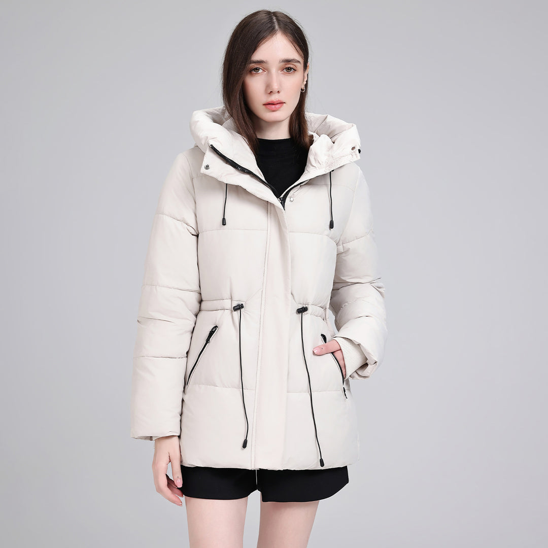 Damen Wattierter Mid‑Length Parka mit Kapuze, Taillenzug und Reißverschlusstaschen Drune