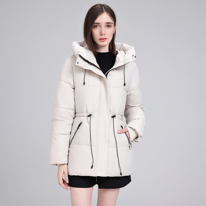 Damen Wattierter Mid‑Length Parka mit Kapuze, Taillenzug und Reißverschlusstaschen Drune