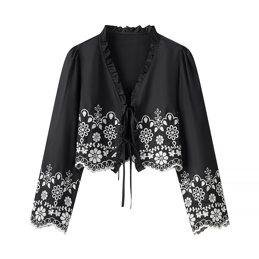 Damen Besticktes Kurzbolero mit Rüschen-V-Ausschnitt und Schnürverschluss Drune