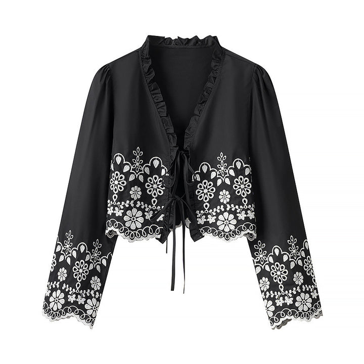 Damen Besticktes Kurzbolero mit Rüschen-V-Ausschnitt und Schnürverschluss Drune