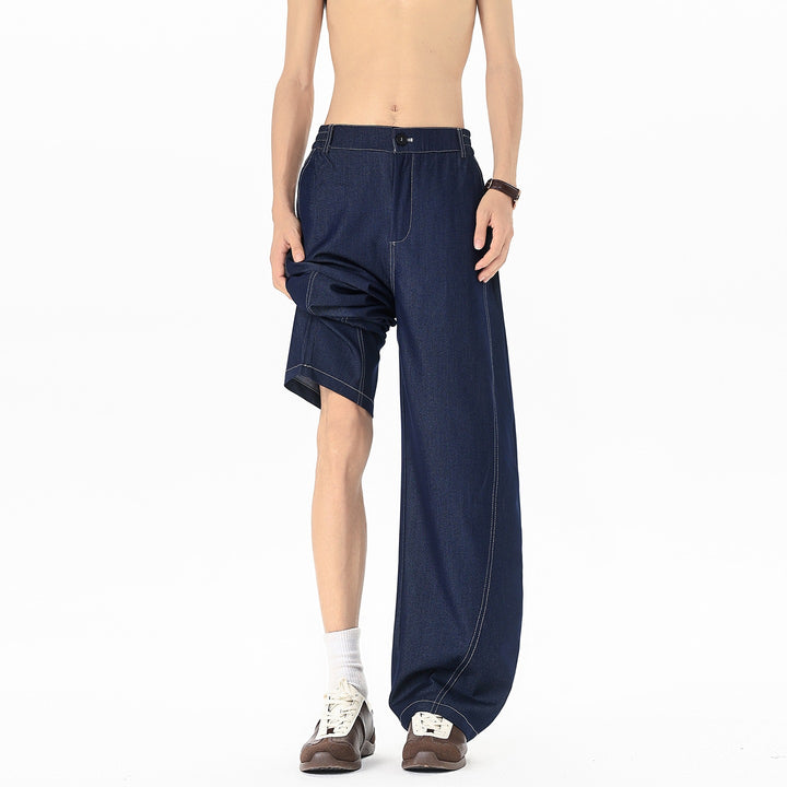 Herren Asymmetrische Zweilagen-Jeanshose mit einer Shorts- und einer Wide‑Leg‑Seite Drune